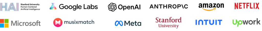 Logos of partner companies and speakers of the GSI program, including Stanford HAI, Google Labs, OpenAI, Anthropic, Amazon, Netflix, Microsoft, Musixmatch, Meta, Stanford University, Intuit, and Upwork.