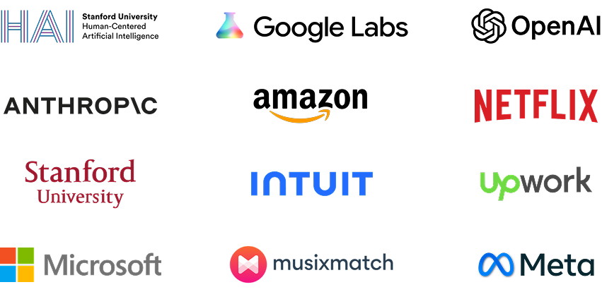 Logos of partner companies and speakers of the GSI program, including Stanford HAI, Google Labs, OpenAI, Anthropic, Amazon, Netflix, Microsoft, Musixmatch, Meta, Stanford University, Intuit, and Upwork.