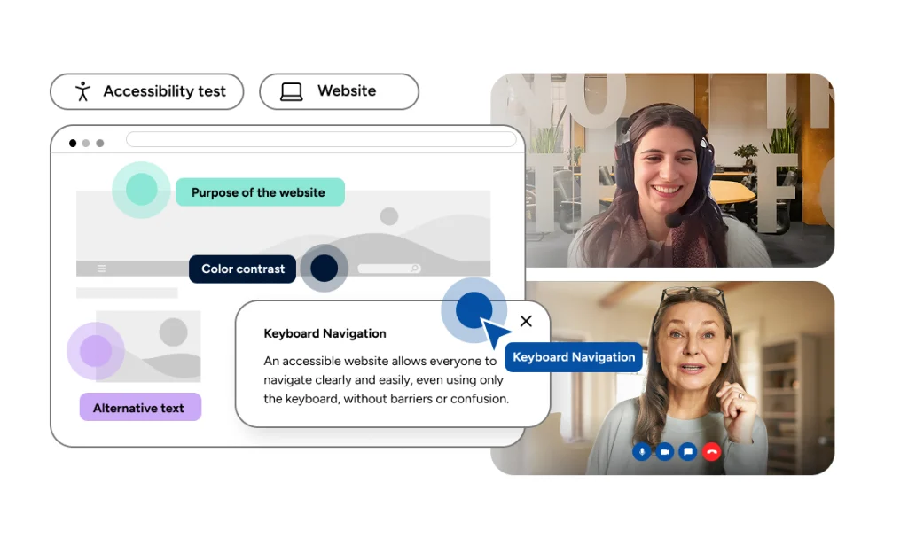 Accessibility test interface with navigation and contrast highlights.